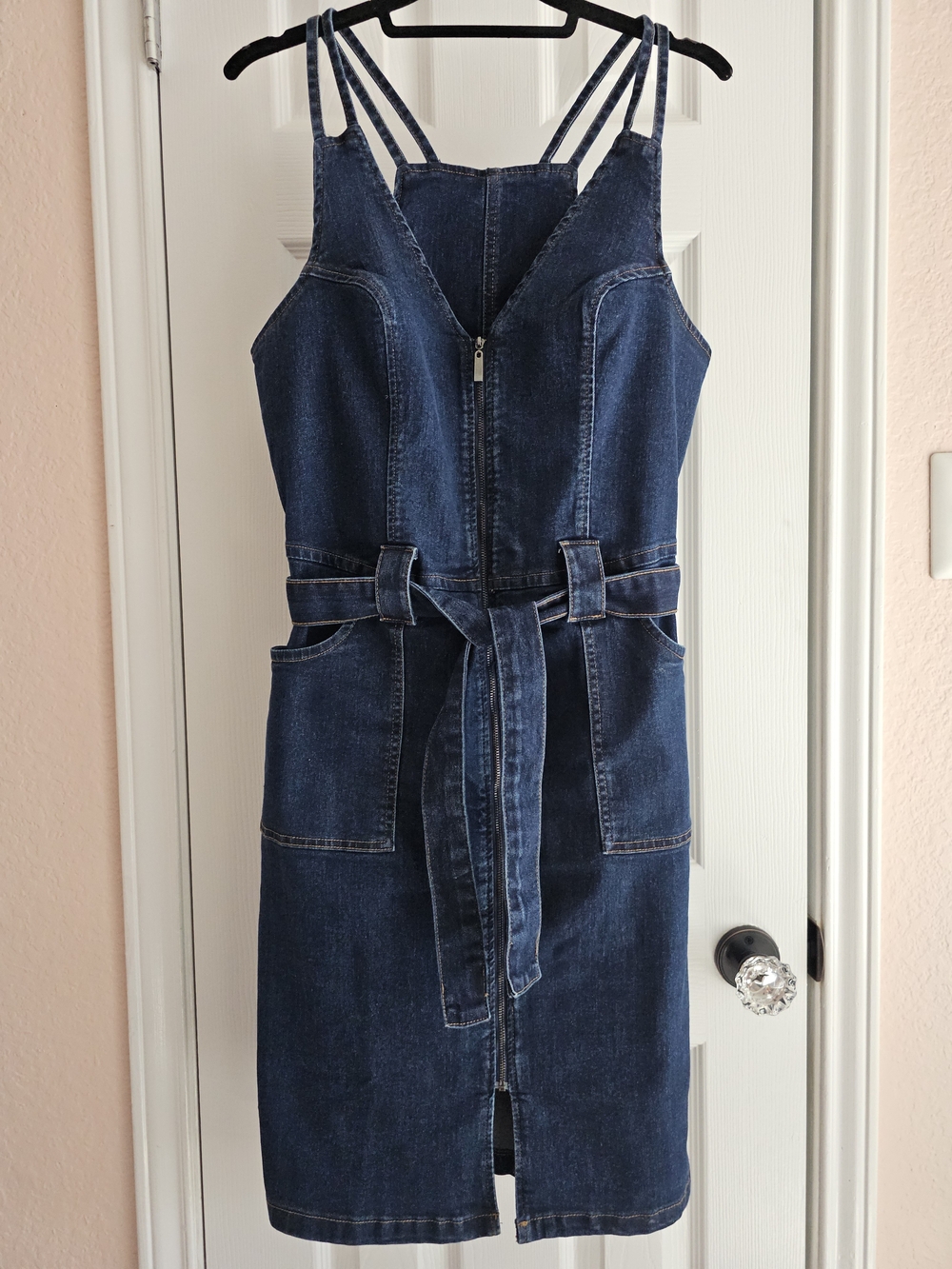 VENUS Dark Blue Denim Midi Dress with Tie Waist